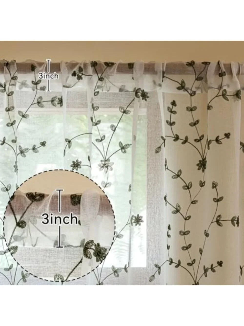 Leaf Flora Embroidered Semi-Sheer Curtains - Farmhouse Window Treatment, 53x84